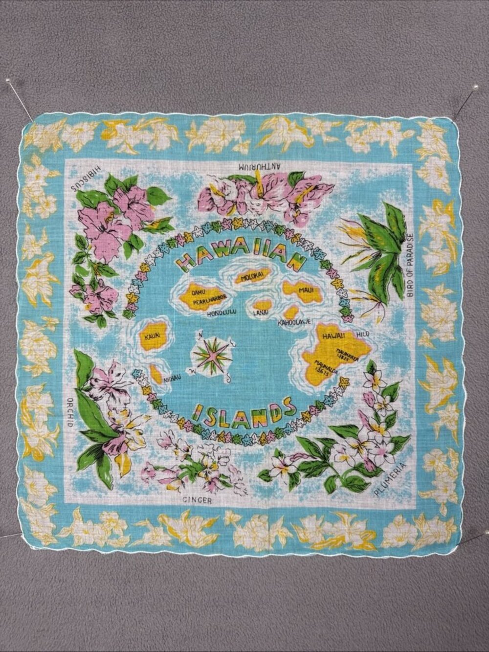 1950s Hawaiian Islands Teal Blue Handkerchief Hawaii Floral Trim Hibiscus 60s?
